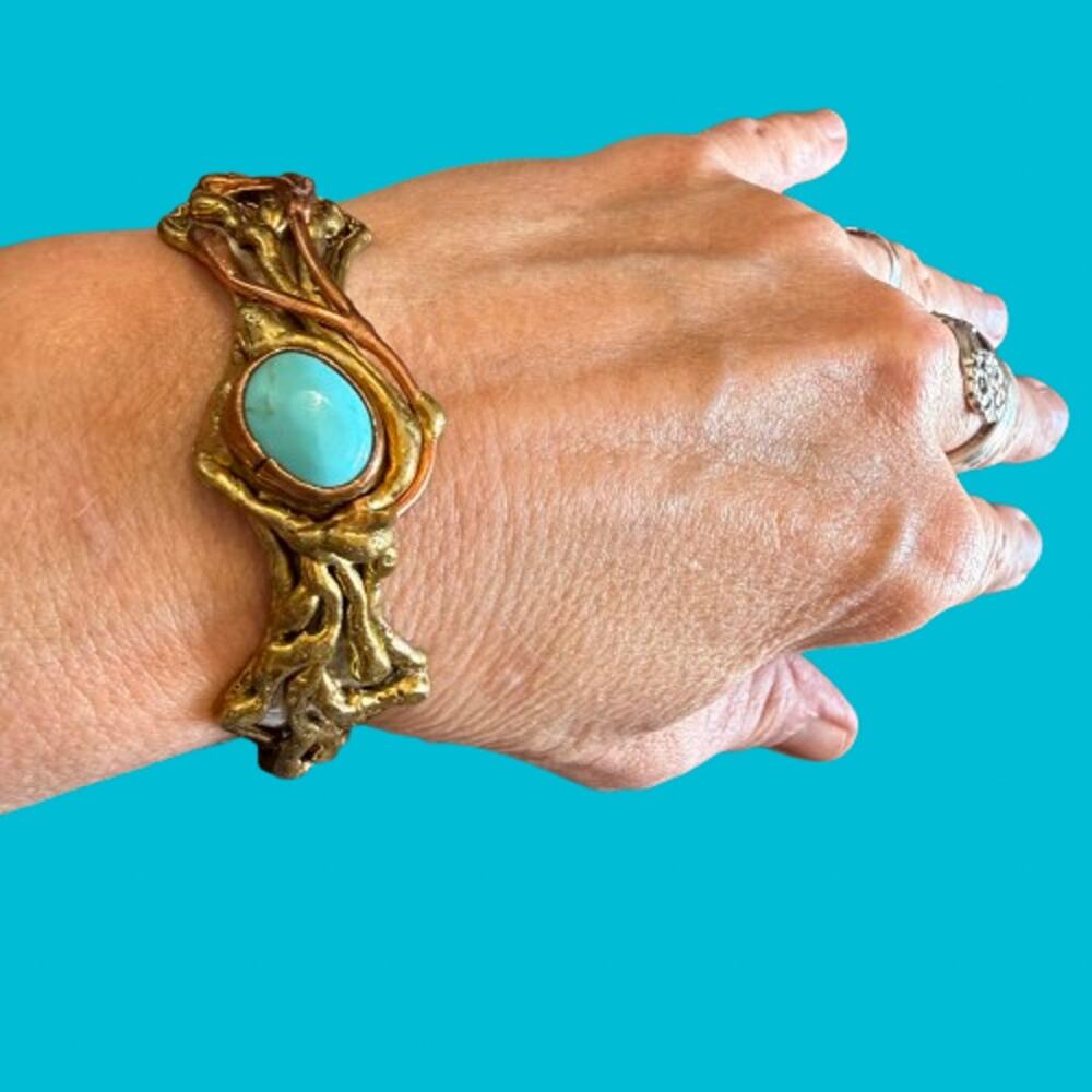 Artisan Brutalist Brass Copper Faux Turquoise Cuff Bracelet